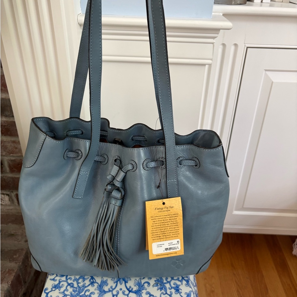 Patricia Nash Blue Leather Tote with Drawstring and Tassel